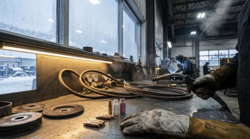 Welder using the equipment in the winter, the cold causes the hose on the table to stiffen. 